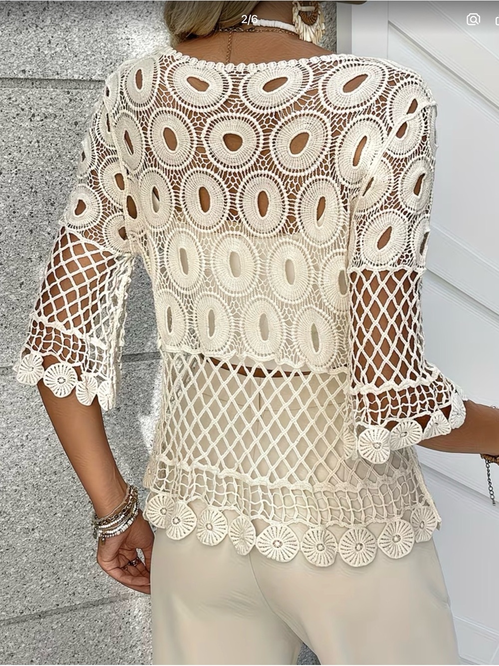 Boho Crochet Lace Cutout Tunic Top Cream Mesh Knit Blouse Festival 3/4 Sleeve L - Picture 5 of 5